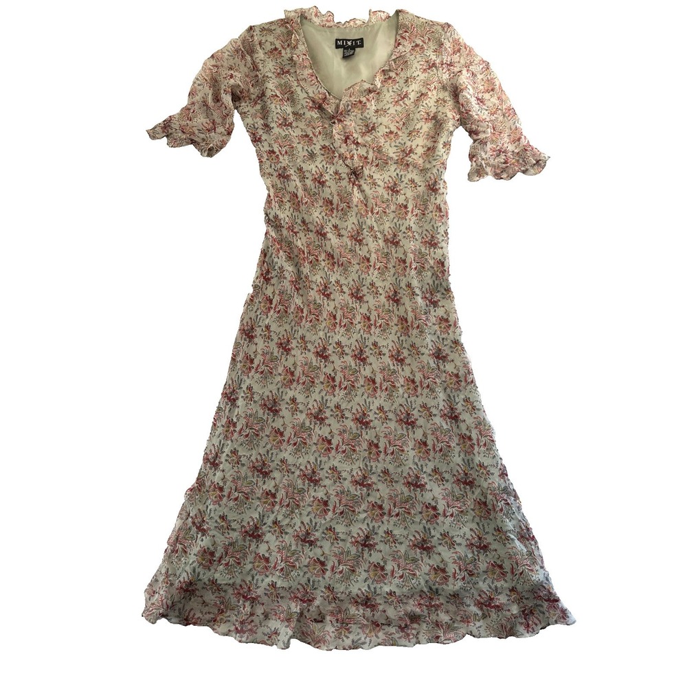 Mixit Silk Floral Dress Women's Size 8 Lined 100% Silk Shell 3/4 Ruffle Sleeves